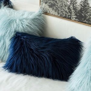 Luxury Home | Elegant Navy Blue Mongolian Faux Fur Lumbar Throw Pillow Cover